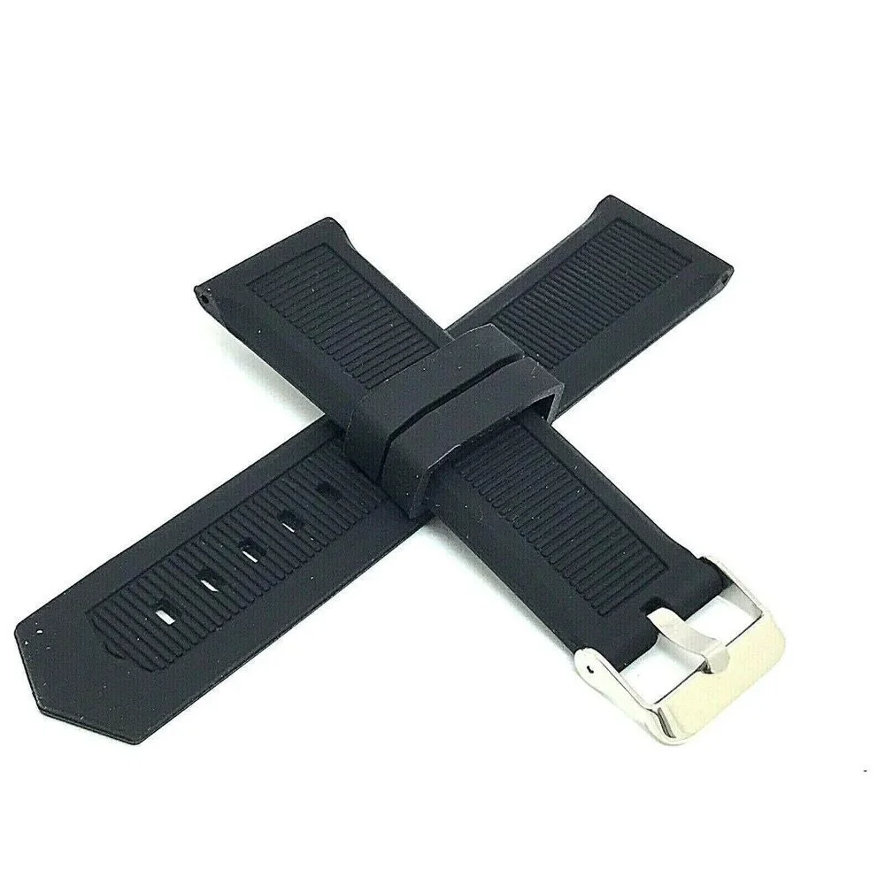 Men's Watch Band Replacement Black Rubber Strap 24mm Lug Silver Tone Buc…
